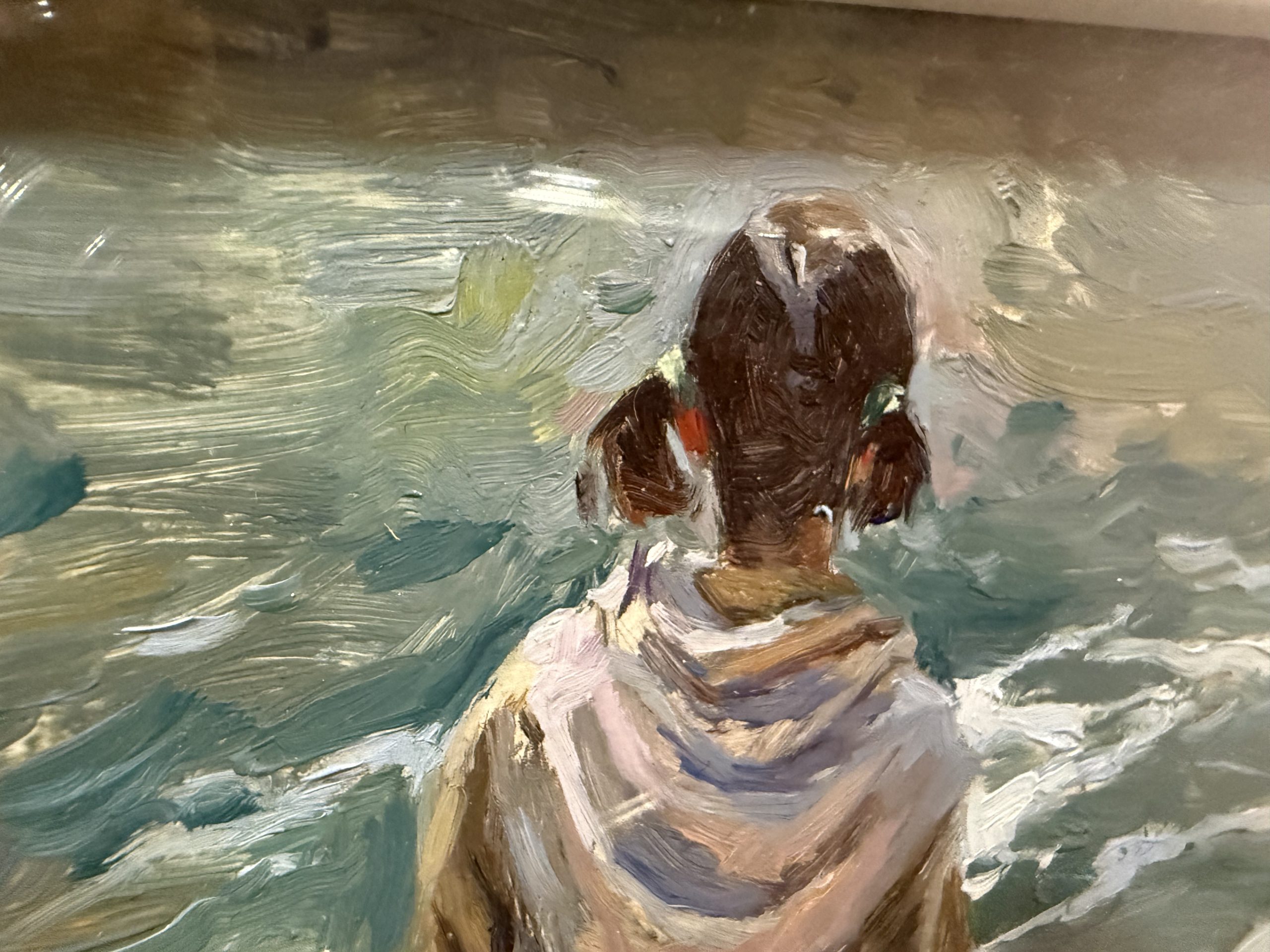 Óleo enmarcado de Hernández Martín – escena de jóven frente al mar